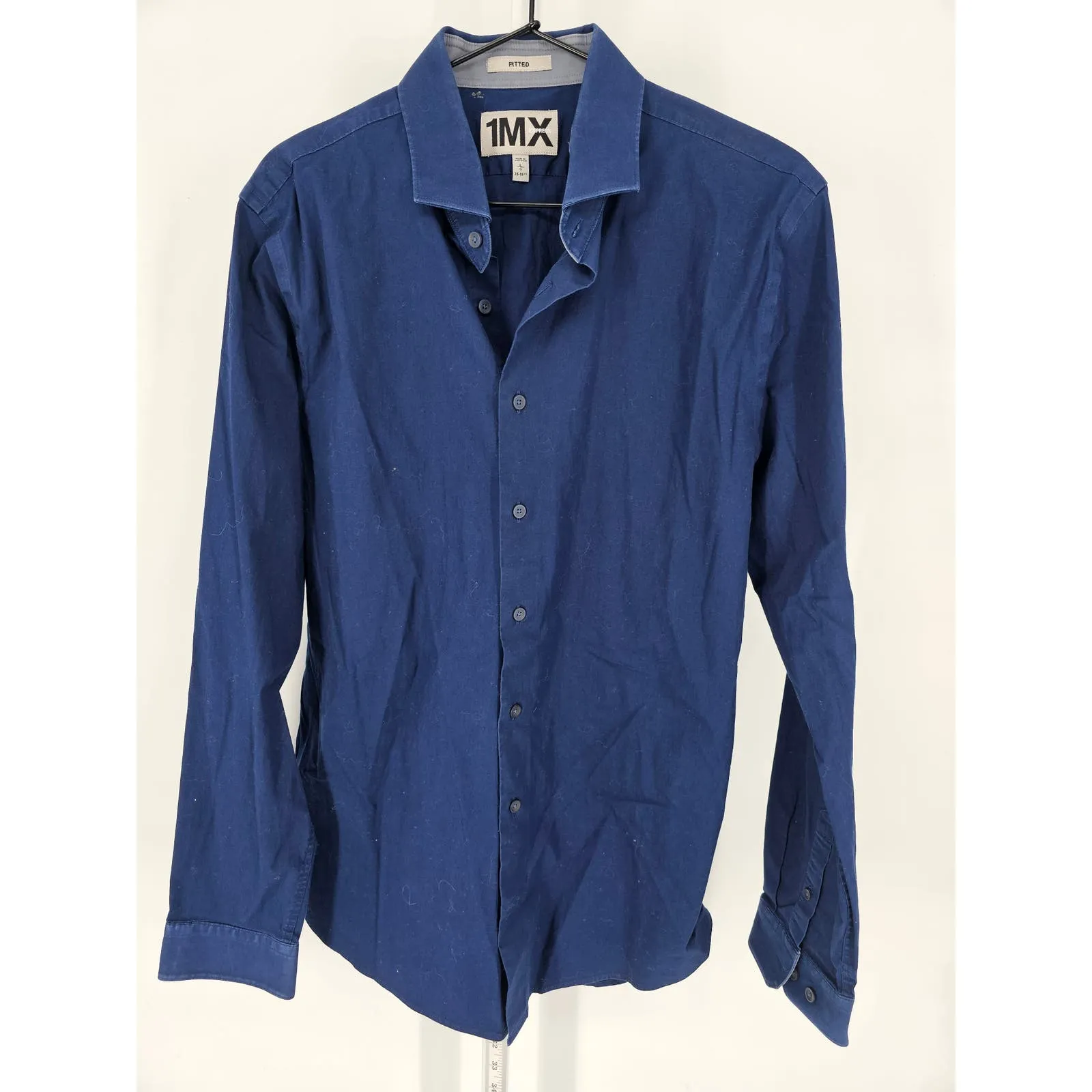 Express 1MX Mens Sz L Fitted Long Sleeve Button Up Dress Shirt Navy Blue