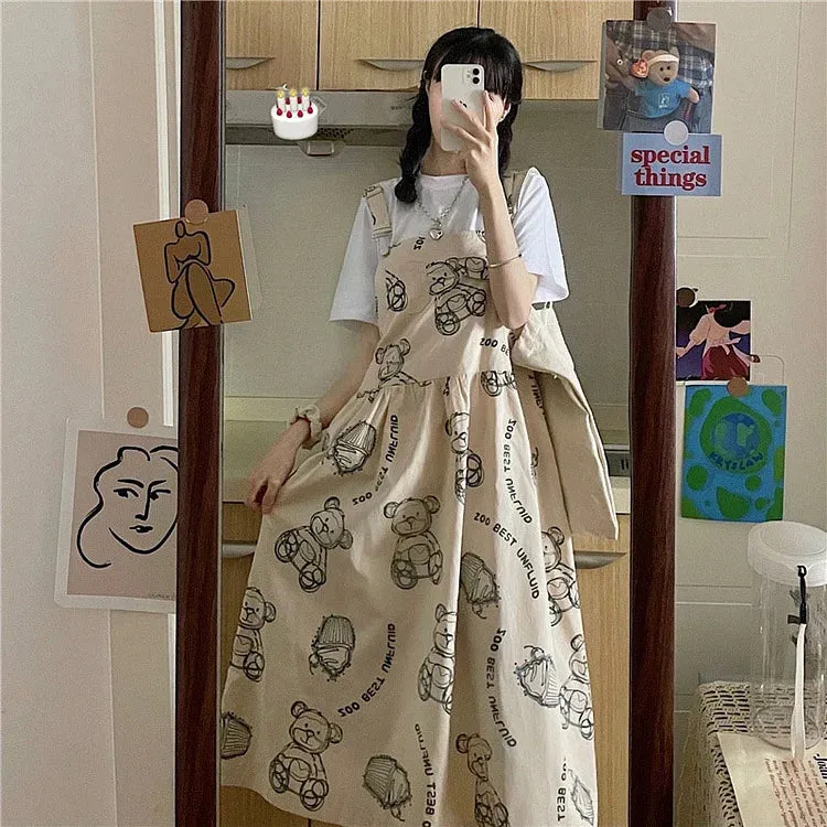 Eye-Catching Cartoon Bear Letter Print Overalls Dress T-Shirt