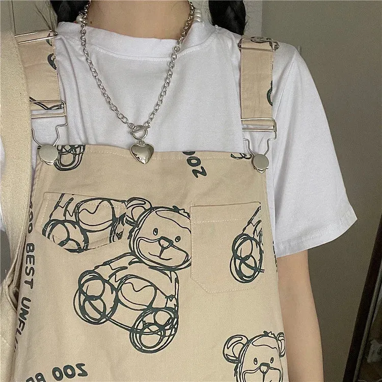 Eye-Catching Cartoon Bear Letter Print Overalls Dress T-Shirt