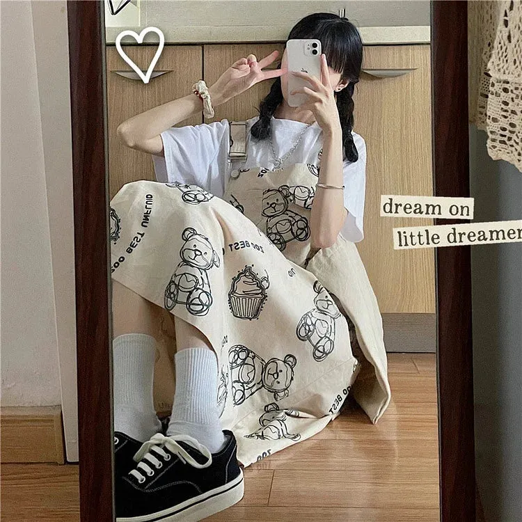 Eye-Catching Cartoon Bear Letter Print Overalls Dress T-Shirt