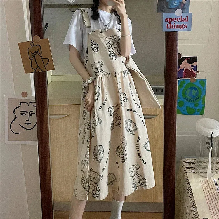 Eye-Catching Cartoon Bear Letter Print Overalls Dress T-Shirt