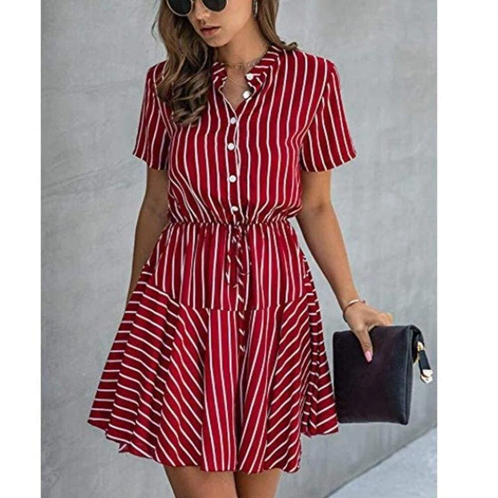 FashionSierra - Fashion Women Short Sleeve Stripe T Shirt Dress Elegant High Waist Loose Summer Dress Ladies Office Lady OL Dersses Streetwear