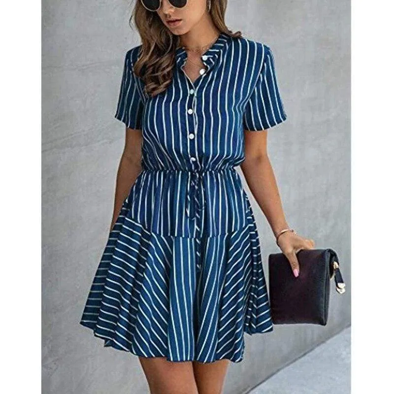 FashionSierra - Fashion Women Short Sleeve Stripe T Shirt Dress Elegant High Waist Loose Summer Dress Ladies Office Lady OL Dersses Streetwear