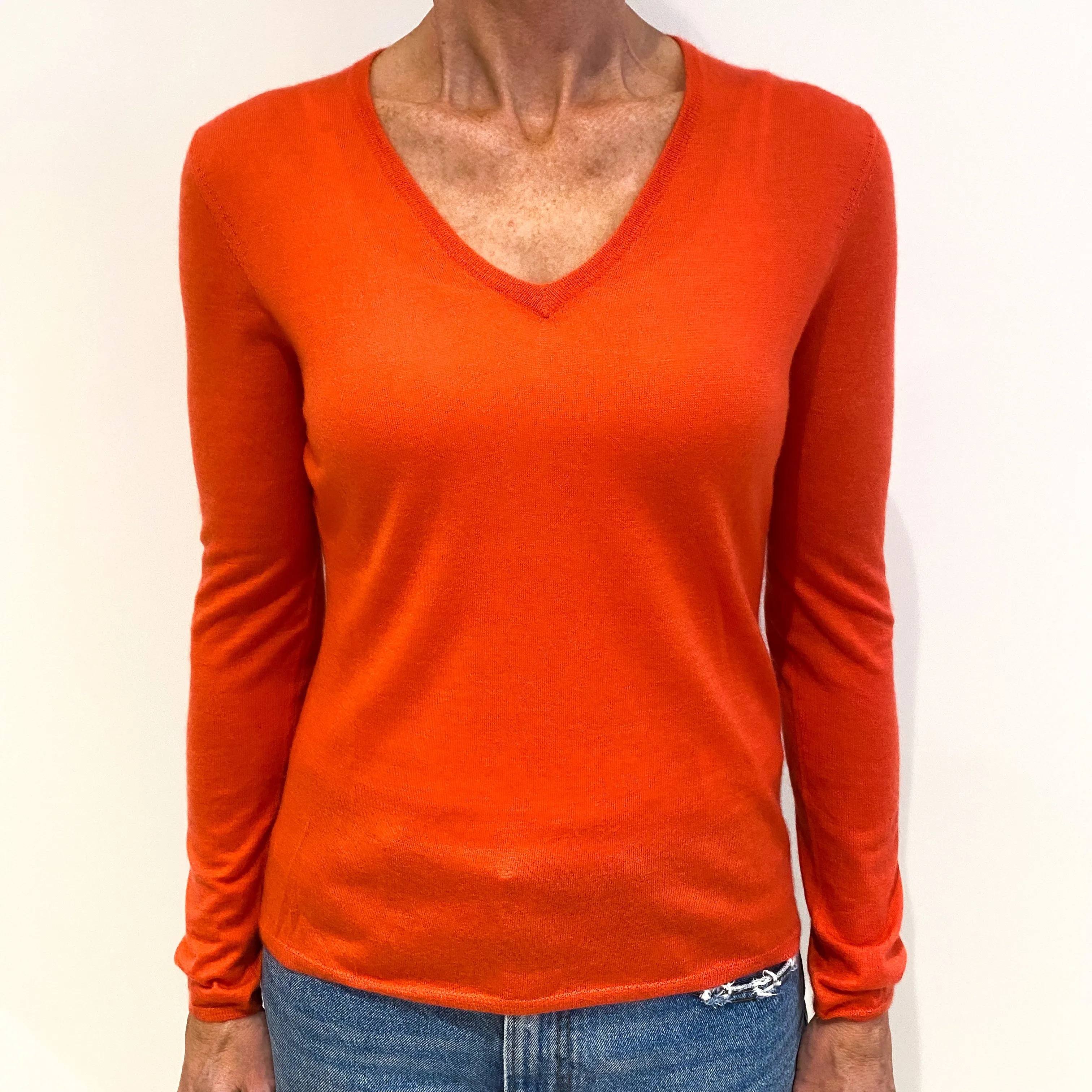 Fiery Orange Fine Knit Cashmere V-Neck Jumper Small