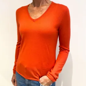 Fiery Orange Fine Knit Cashmere V-Neck Jumper Small
