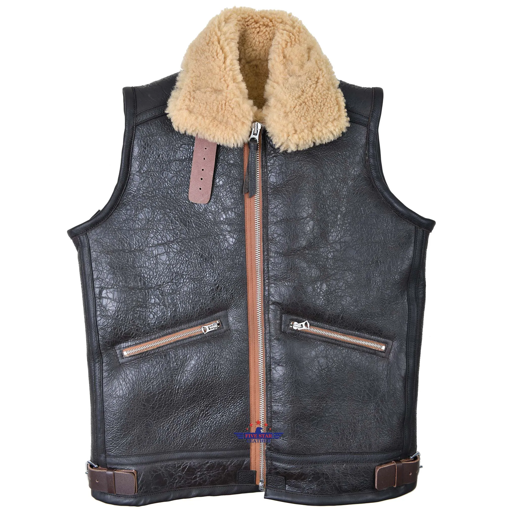 FiveStar Leather Sports Vintage B3 Vest with Side Entry Seal Brown sheepskin