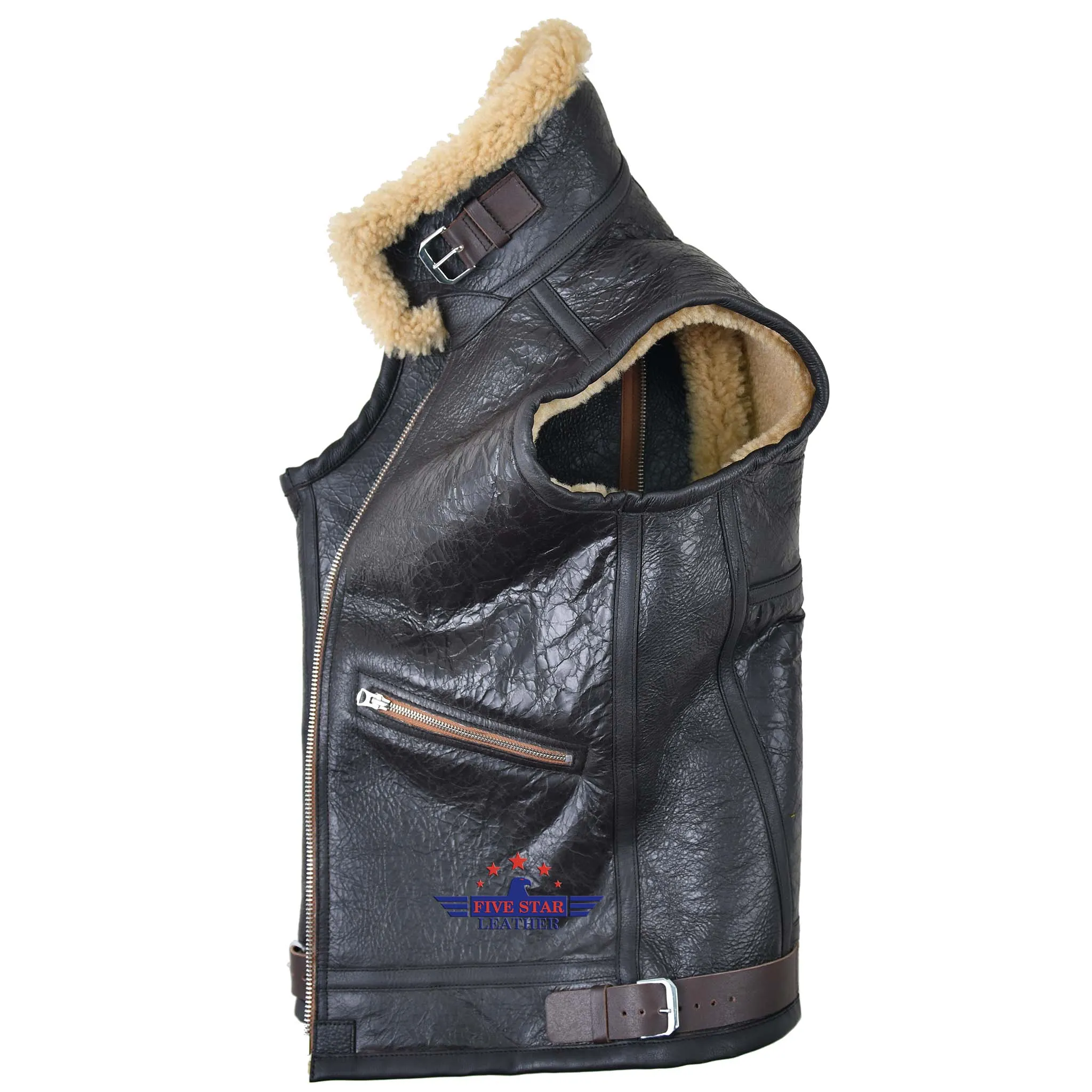 FiveStar Leather Sports Vintage B3 Vest with Side Entry Seal Brown sheepskin