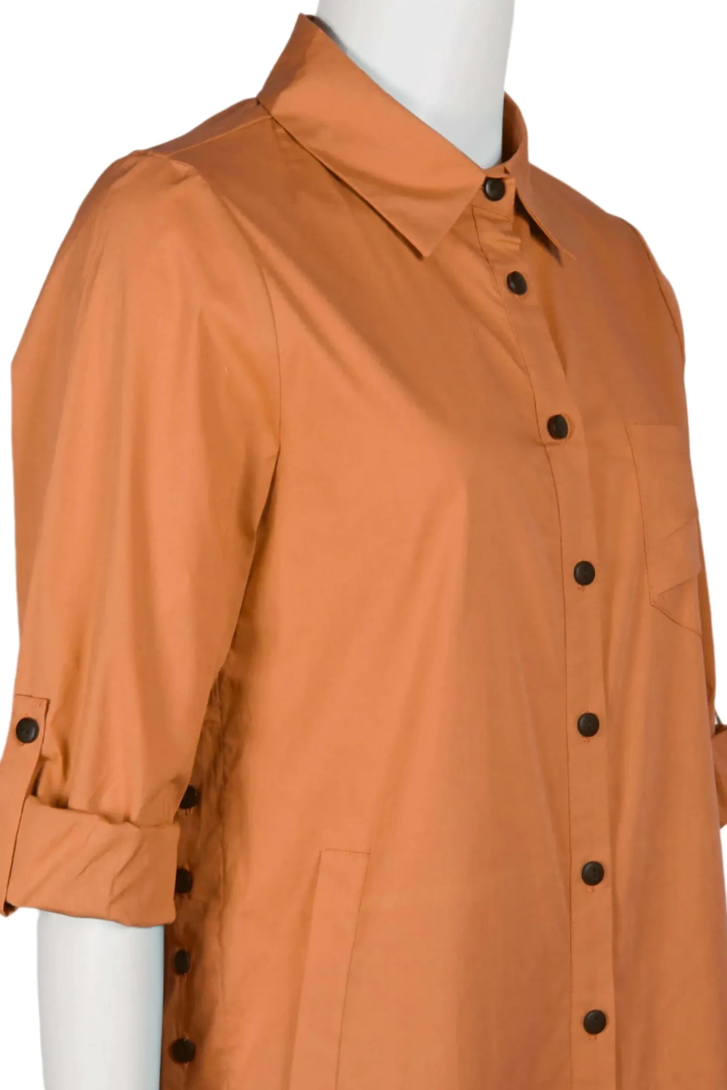 Flair Collared Button-Down Button Side 2 Way Sleeve Pockets Solid Cotton Blend Shirt