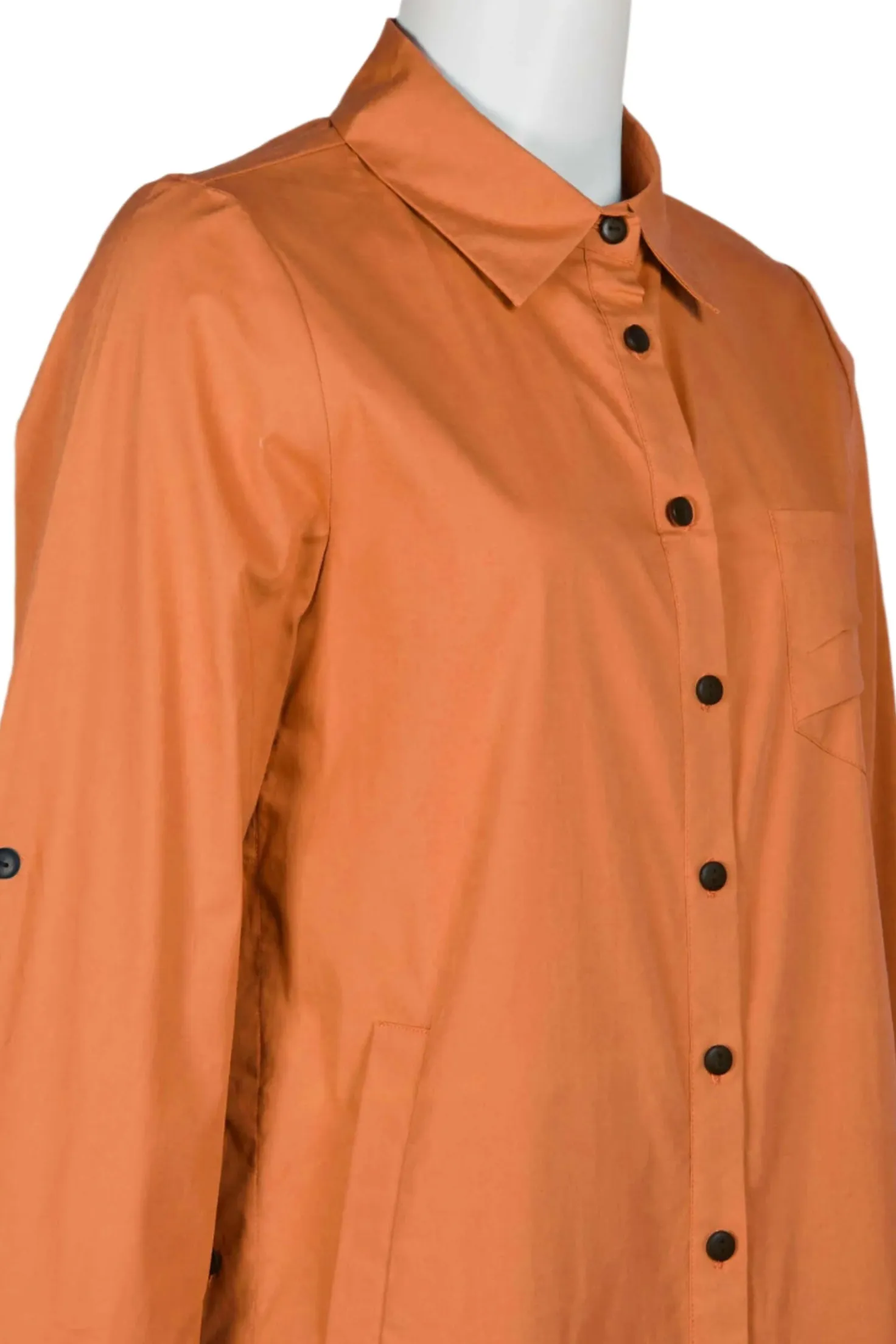 Flair Collared Button-Down Button Side 2 Way Sleeve Pockets Solid Cotton Blend Shirt