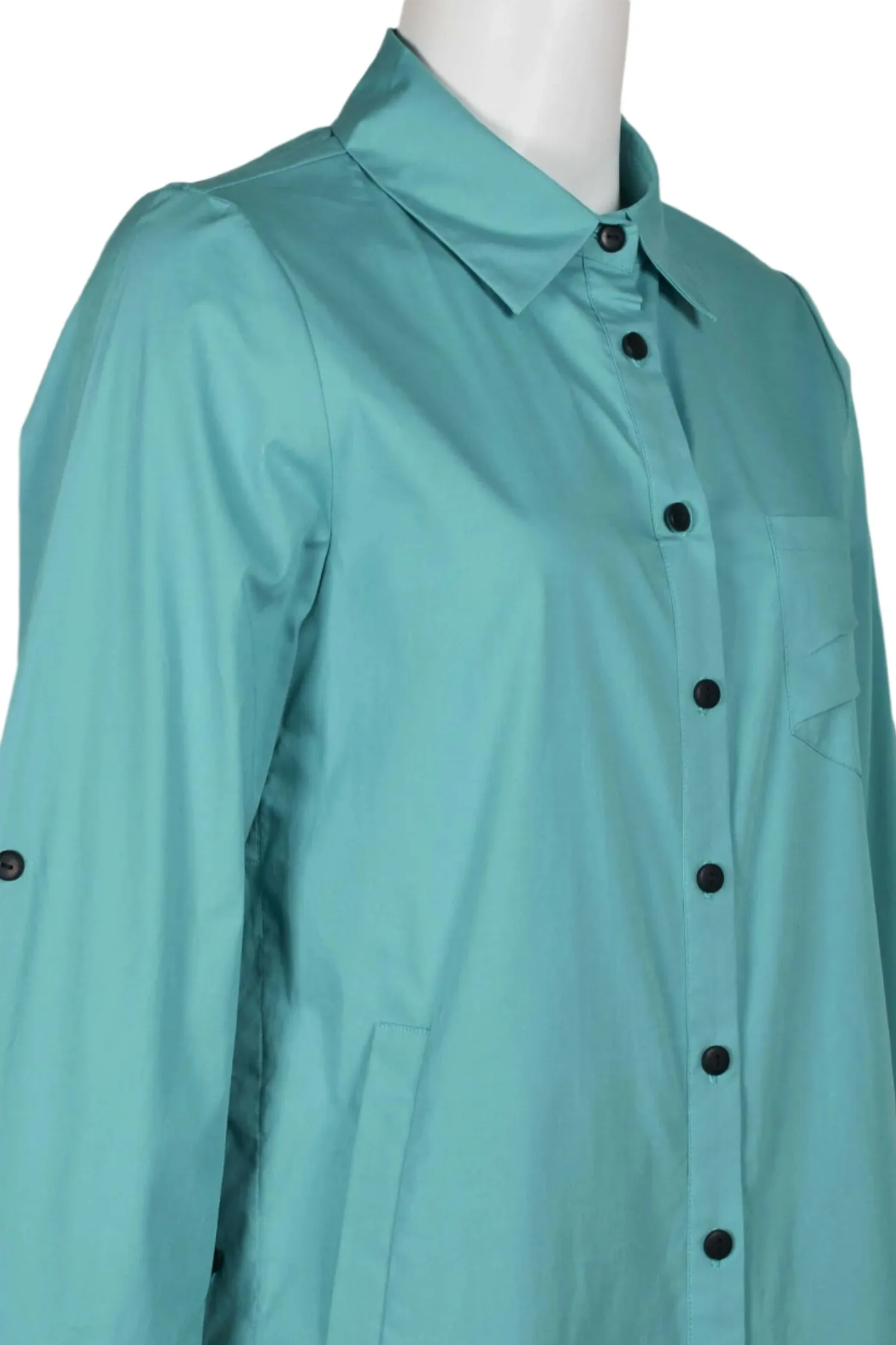 Flair Collared Button-Down Button Side 2 Way Sleeve Pockets Solid Cotton Blend Shirt
