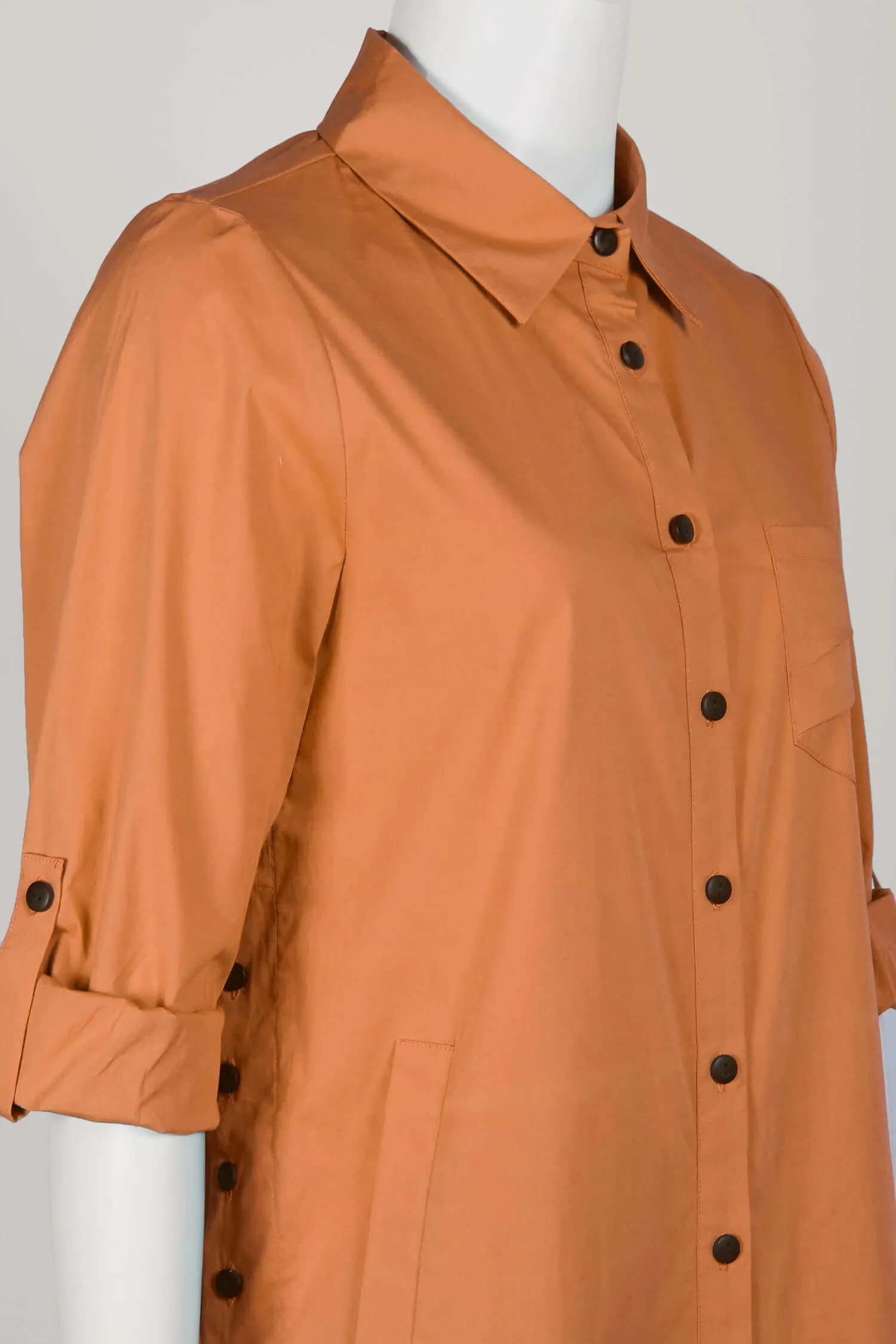 Flair Collared Button-Down Button Side 2 Way Sleeve Pockets Solid Cotton Blend Shirt