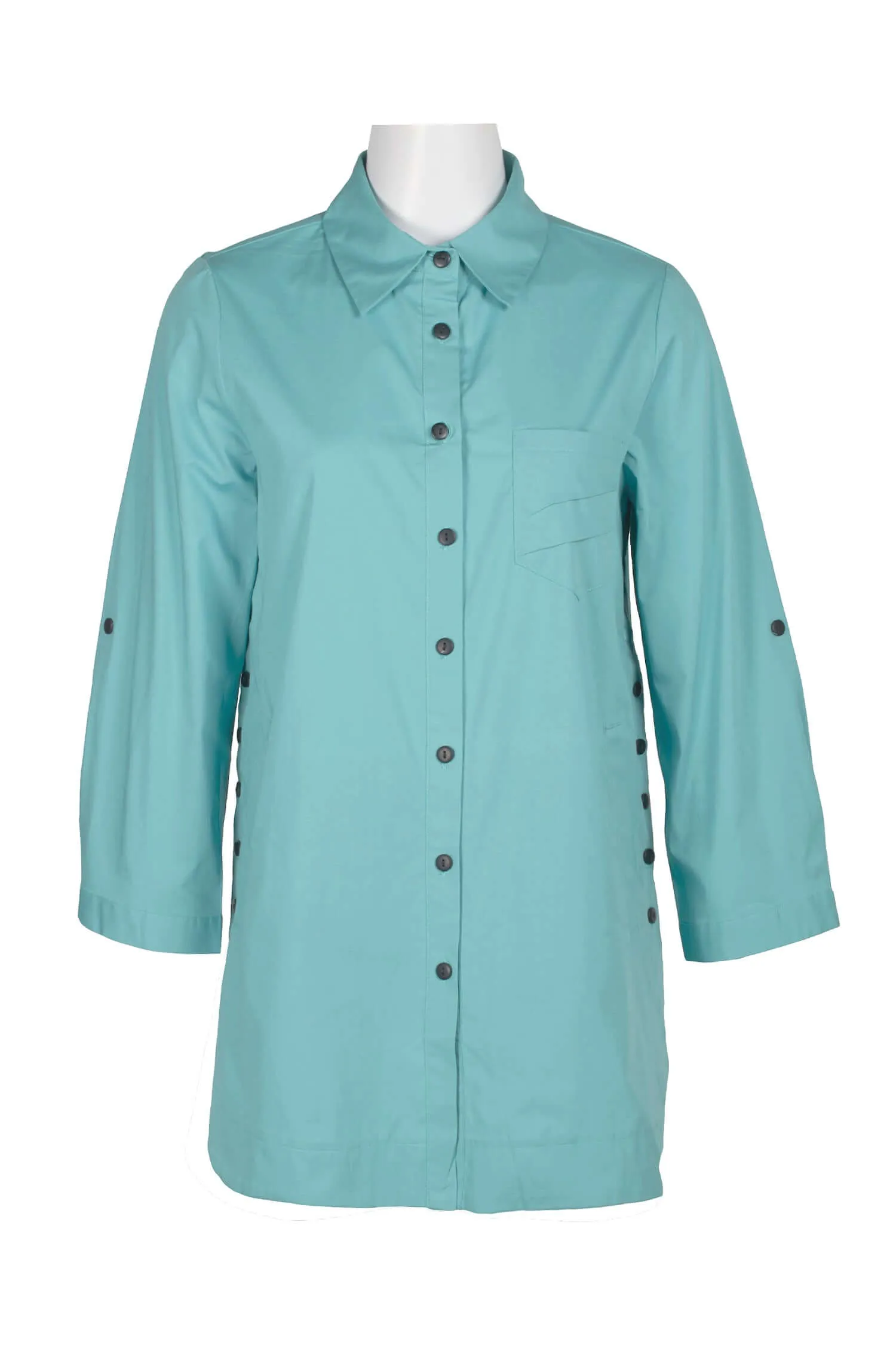 Flair Collared Button-Down Button Side 2 Way Sleeve Pockets Solid Cotton Blend Shirt