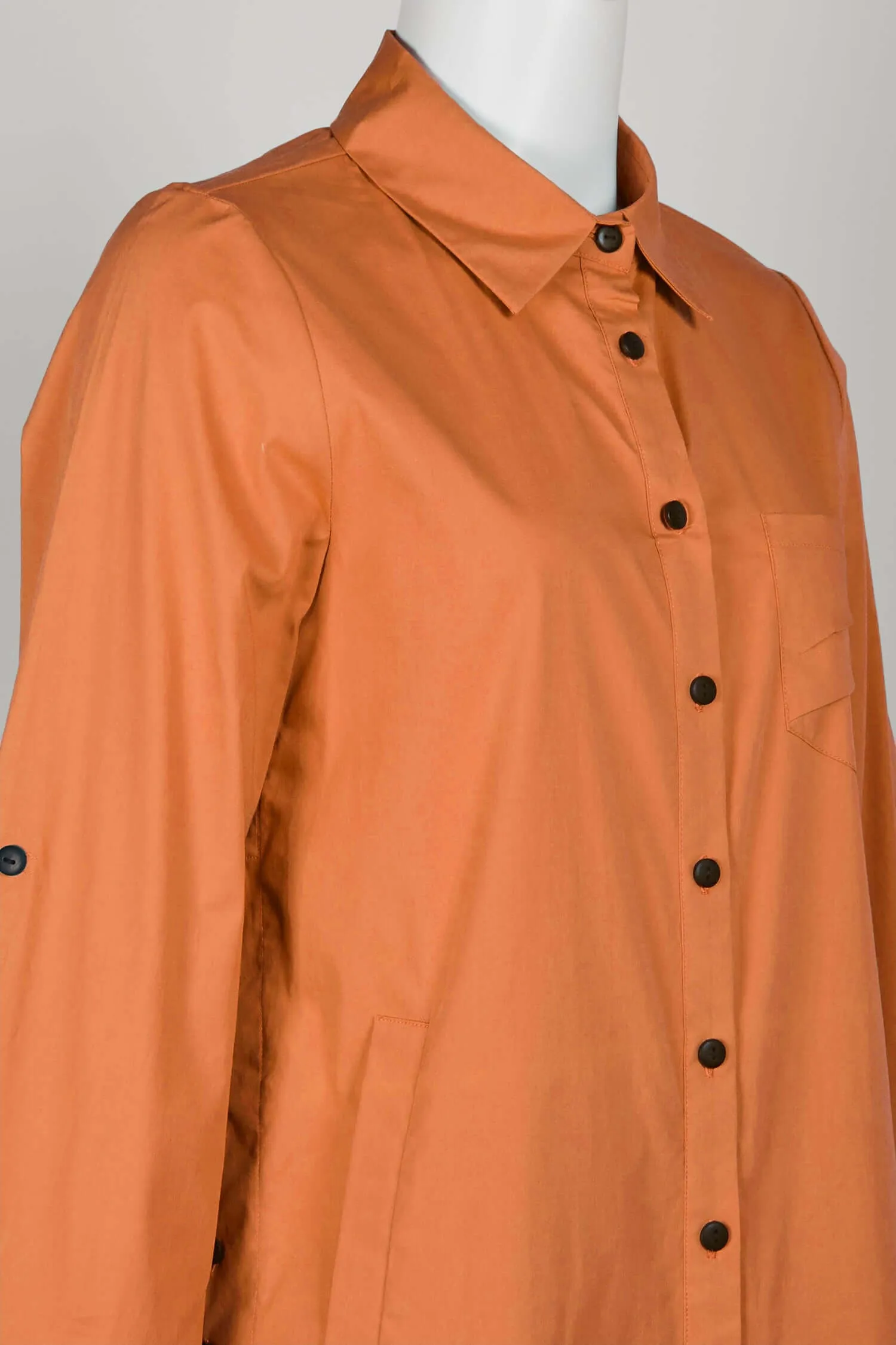 Flair Collared Button-Down Button Side 2 Way Sleeve Pockets Solid Cotton Blend Shirt