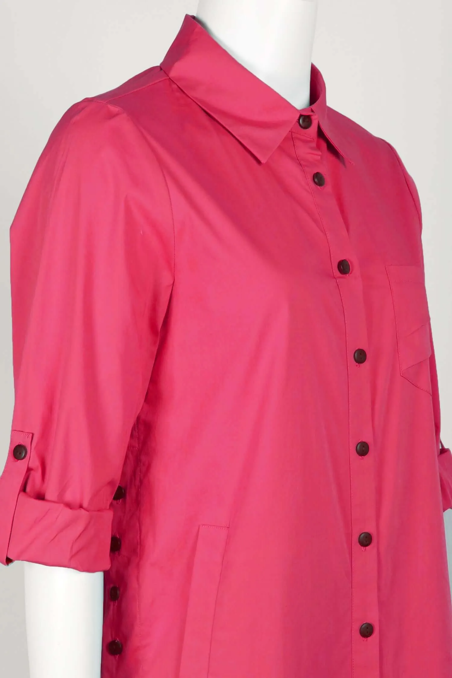 Flair Collared Button-Down Button Side 2 Way Sleeve Pockets Solid Cotton Blend Shirt