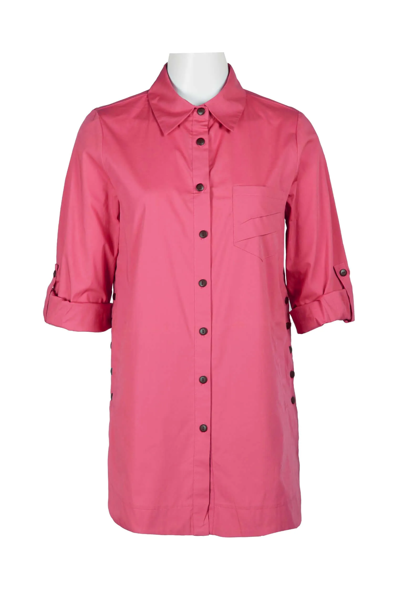 Flair Collared Button-Down Button Side 2 Way Sleeve Pockets Solid Cotton Blend Shirt