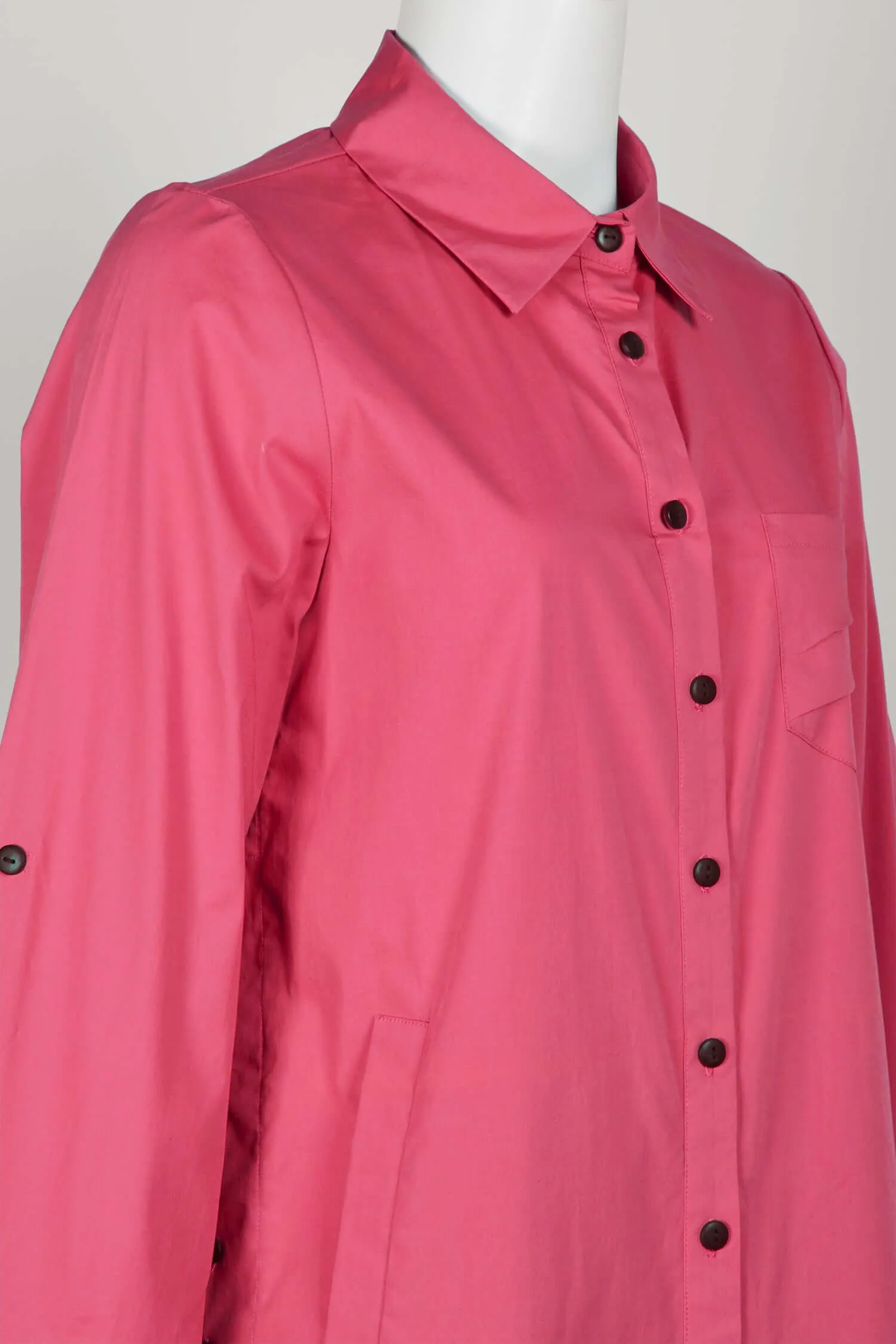 Flair Collared Button-Down Button Side 2 Way Sleeve Pockets Solid Cotton Blend Shirt
