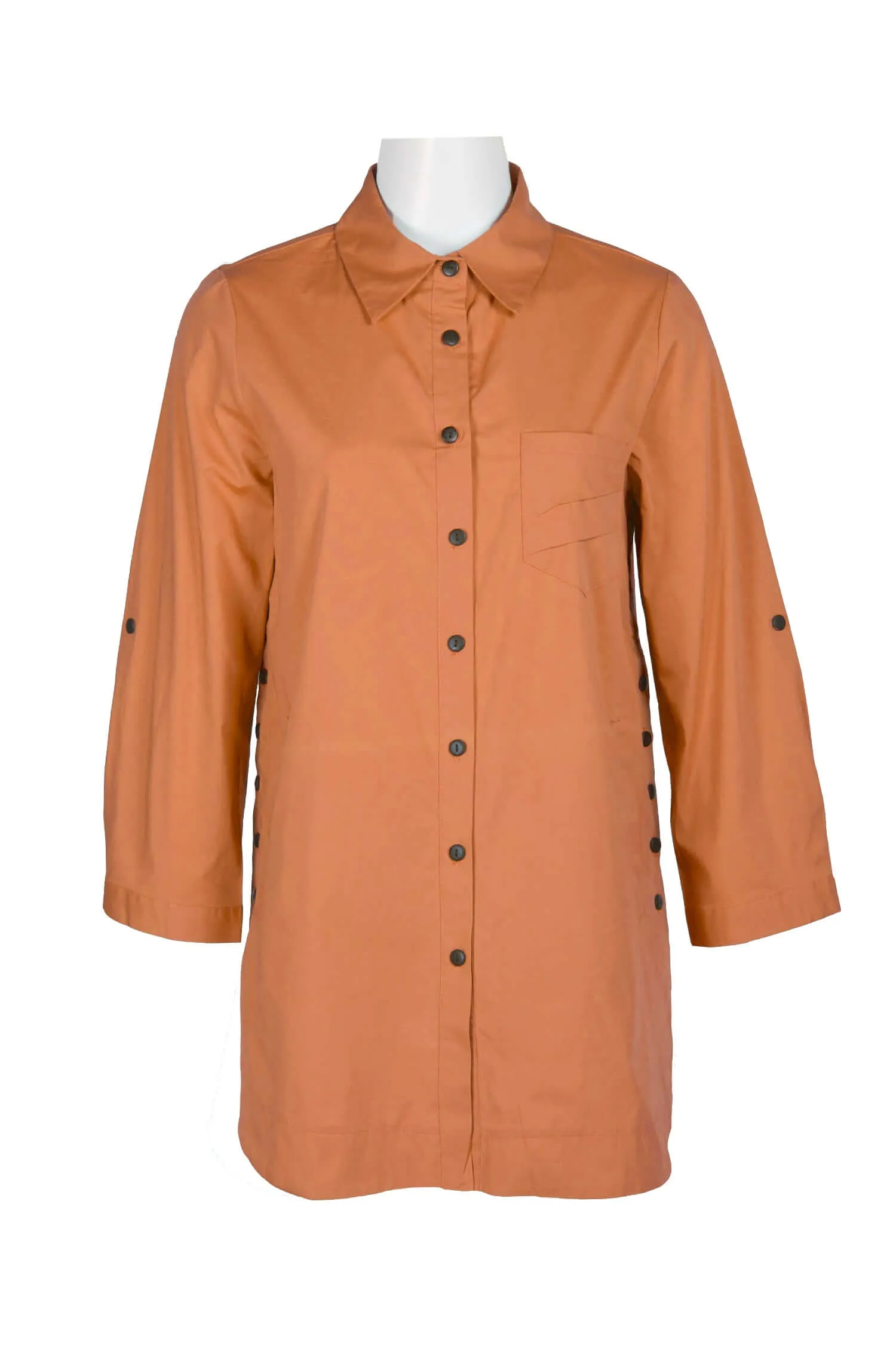 Flair Collared Button-Down Button Side 2 Way Sleeve Pockets Solid Cotton Blend Shirt