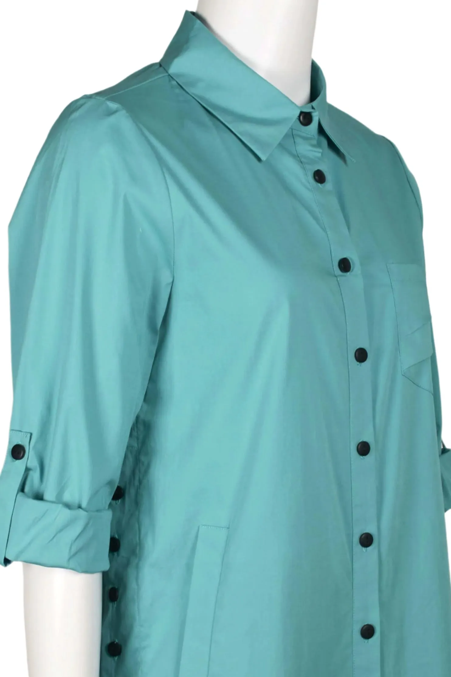 Flair Collared Button-Down Button Side 2 Way Sleeve Pockets Solid Cotton Blend Shirt