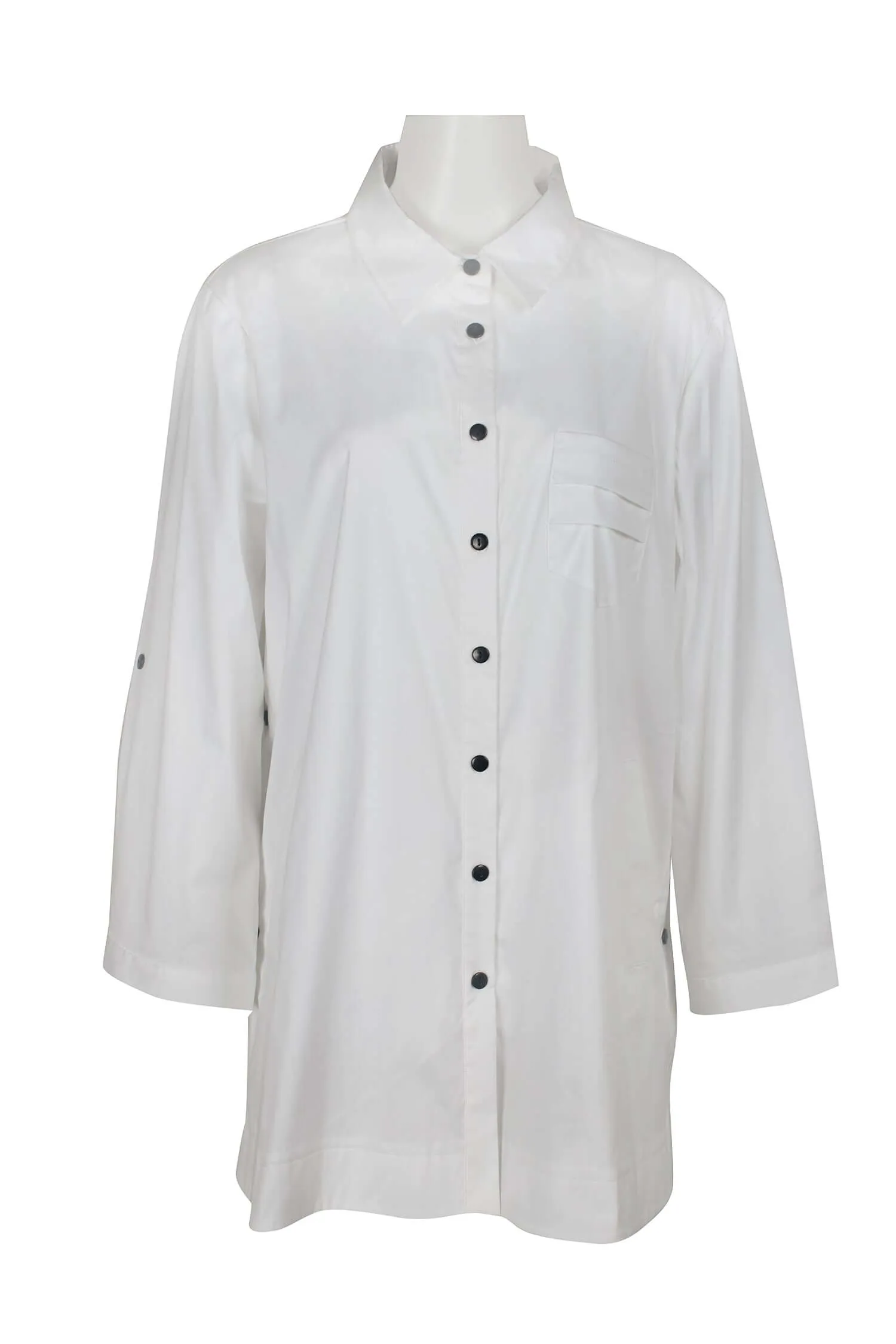 Flair Collared Button-Down Button Side 2 Way Sleeve Pockets Solid Cotton Blend Shirt