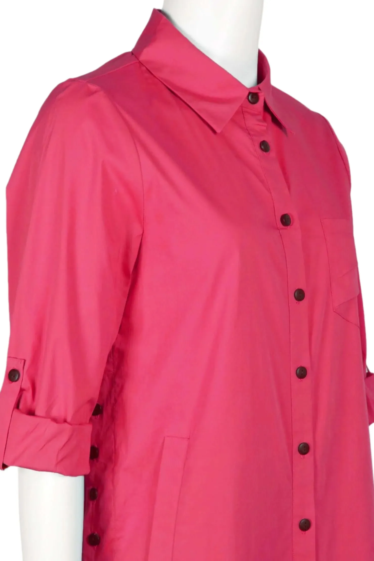 Flair Collared Button-Down Button Side 2 Way Sleeve Pockets Solid Cotton Blend Shirt
