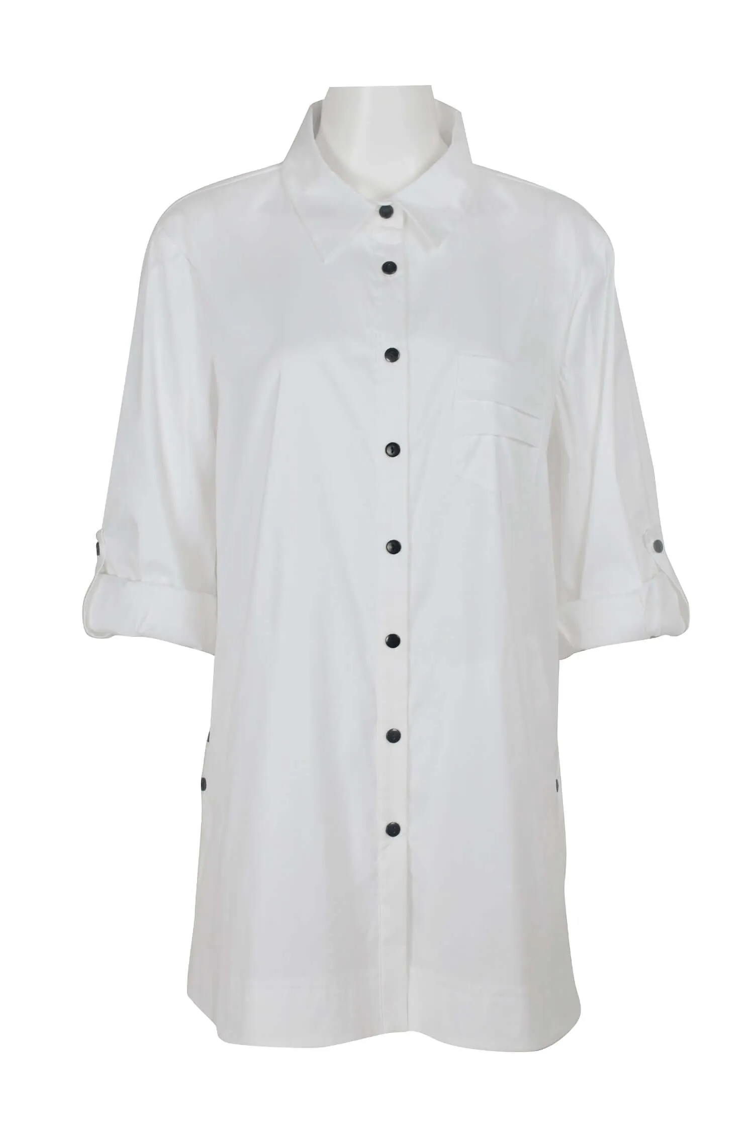 Flair Collared Button-Down Button Side 2 Way Sleeve Pockets Solid Cotton Blend Shirt