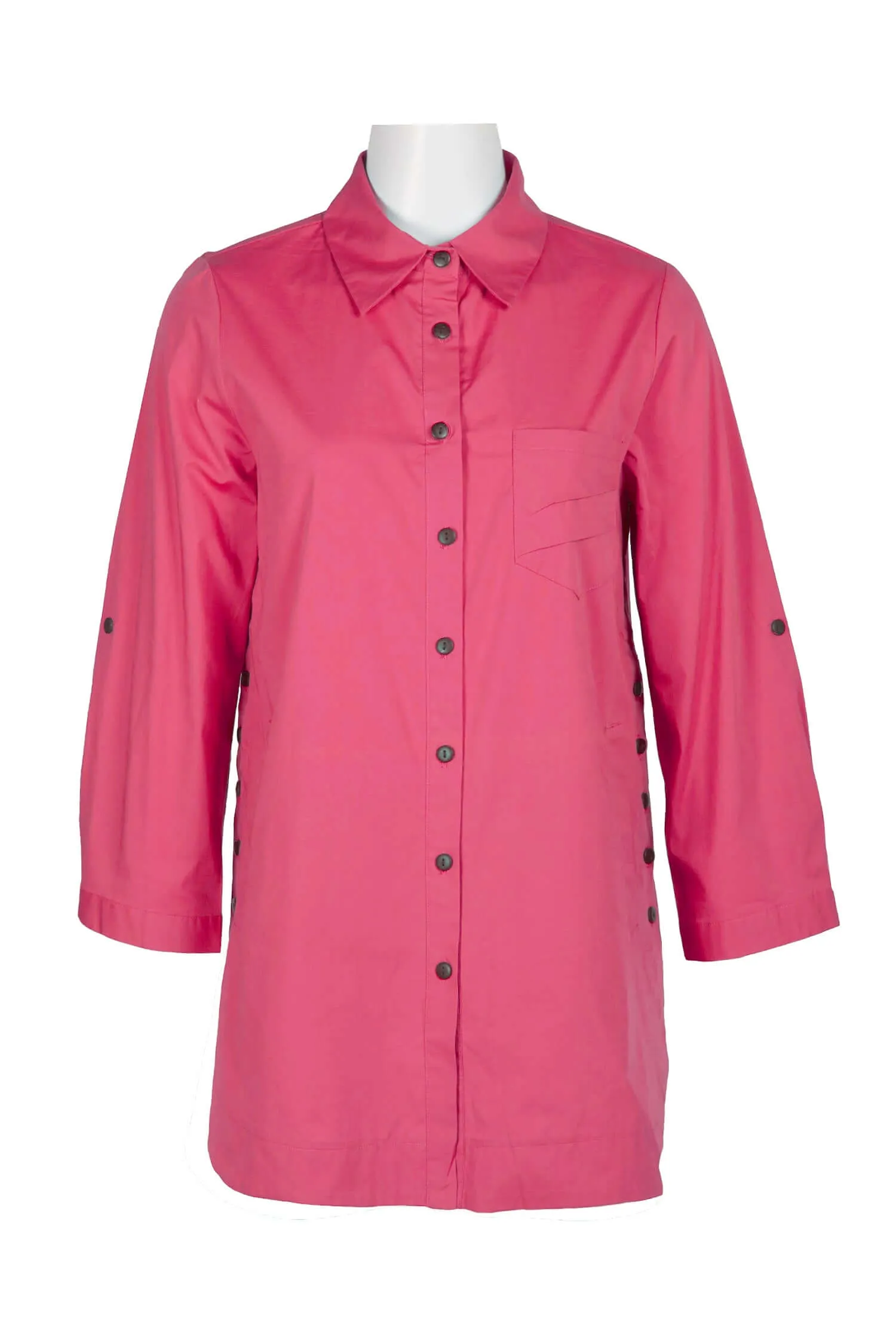 Flair Collared Button-Down Button Side 2 Way Sleeve Pockets Solid Cotton Blend Shirt