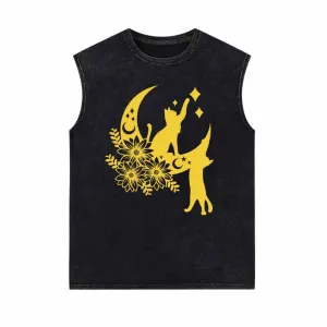 Floral Cats with Moon Star Vintage Washed Vest Top