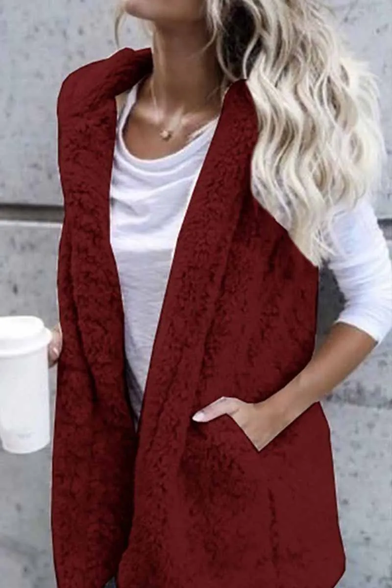 Florcoo Hooded Thin Solid Plush Coat With Pocket
