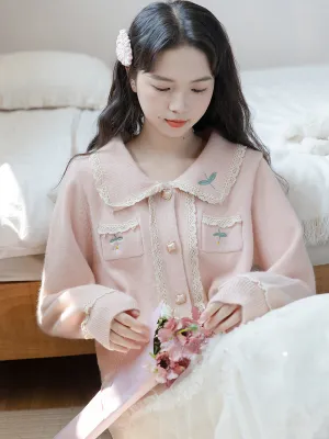 Flower Girl Embroidery Soft Blue Pink Cardigan