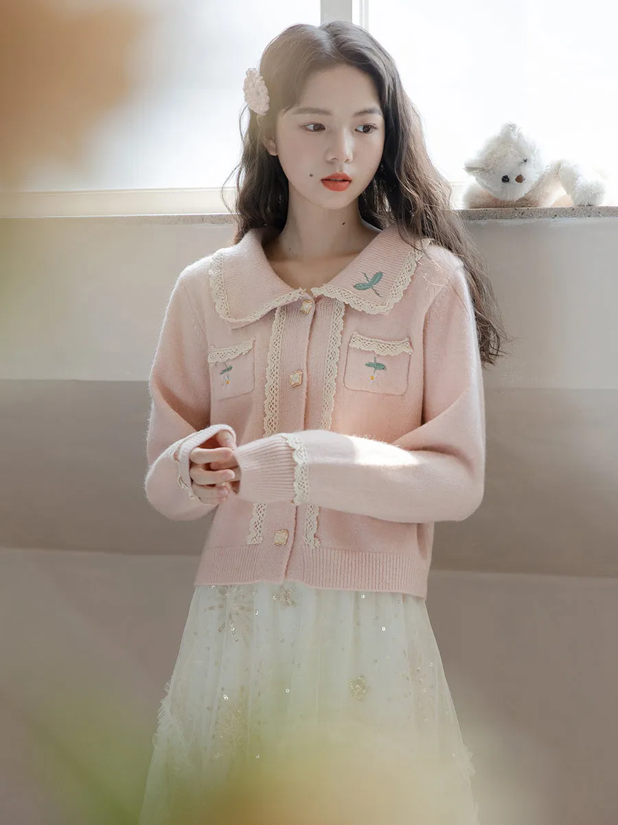 Flower Girl Embroidery Soft Blue Pink Cardigan