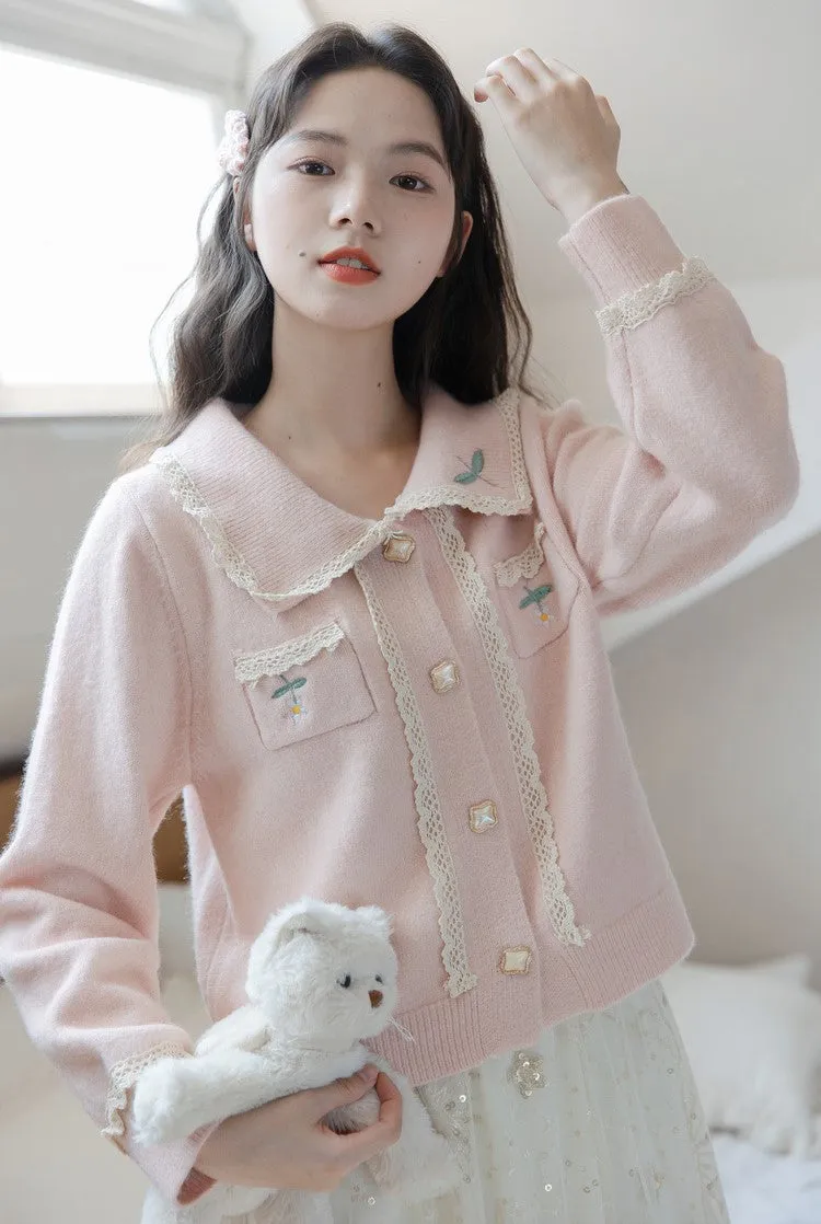 Flower Girl Embroidery Soft Blue Pink Cardigan