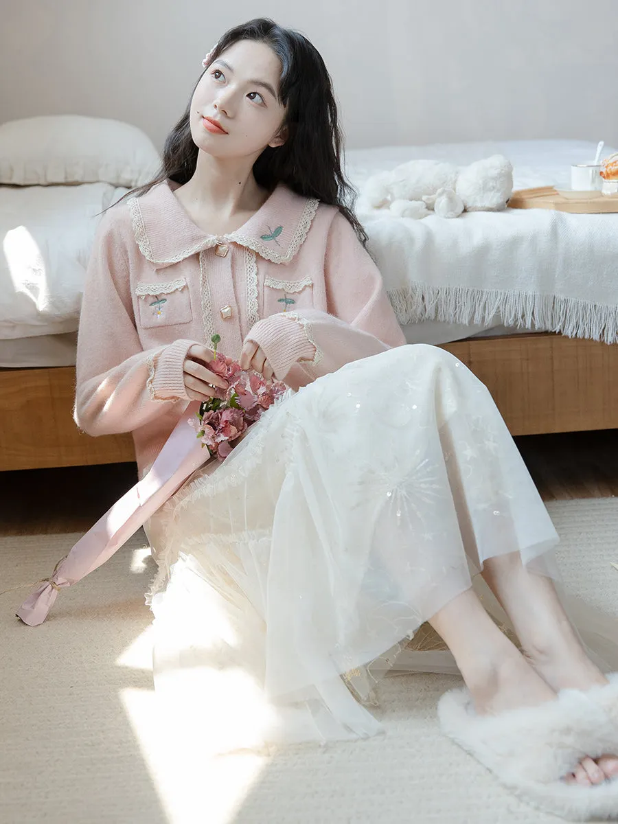Flower Girl Embroidery Soft Blue Pink Cardigan