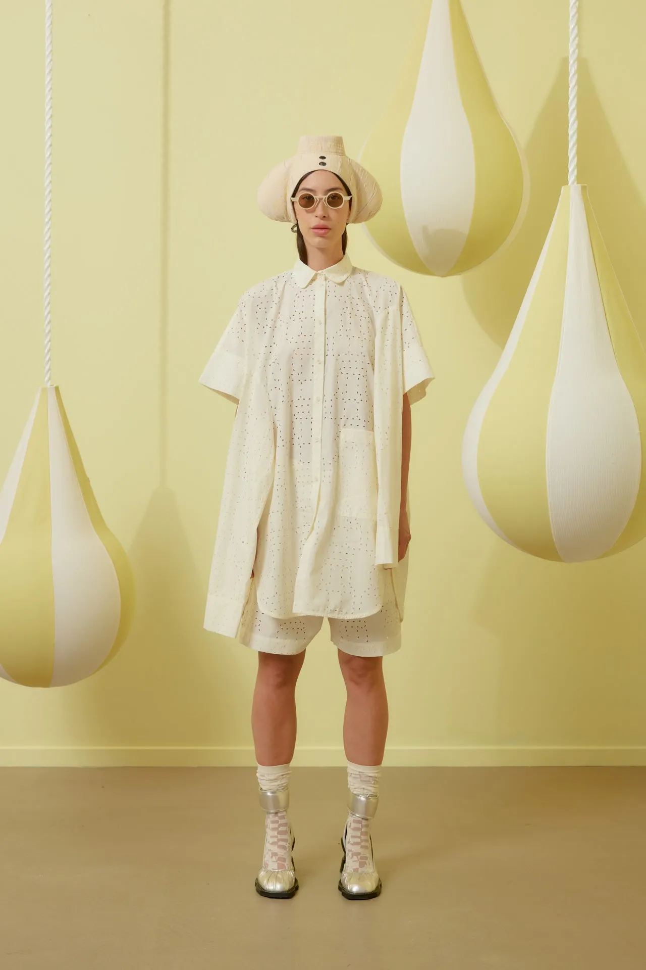 Fold Shirt Dress - White Punched Boxed