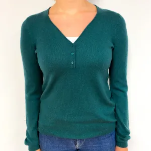 Forest Green Cashmere Buttoned V-Neck Jumper Small