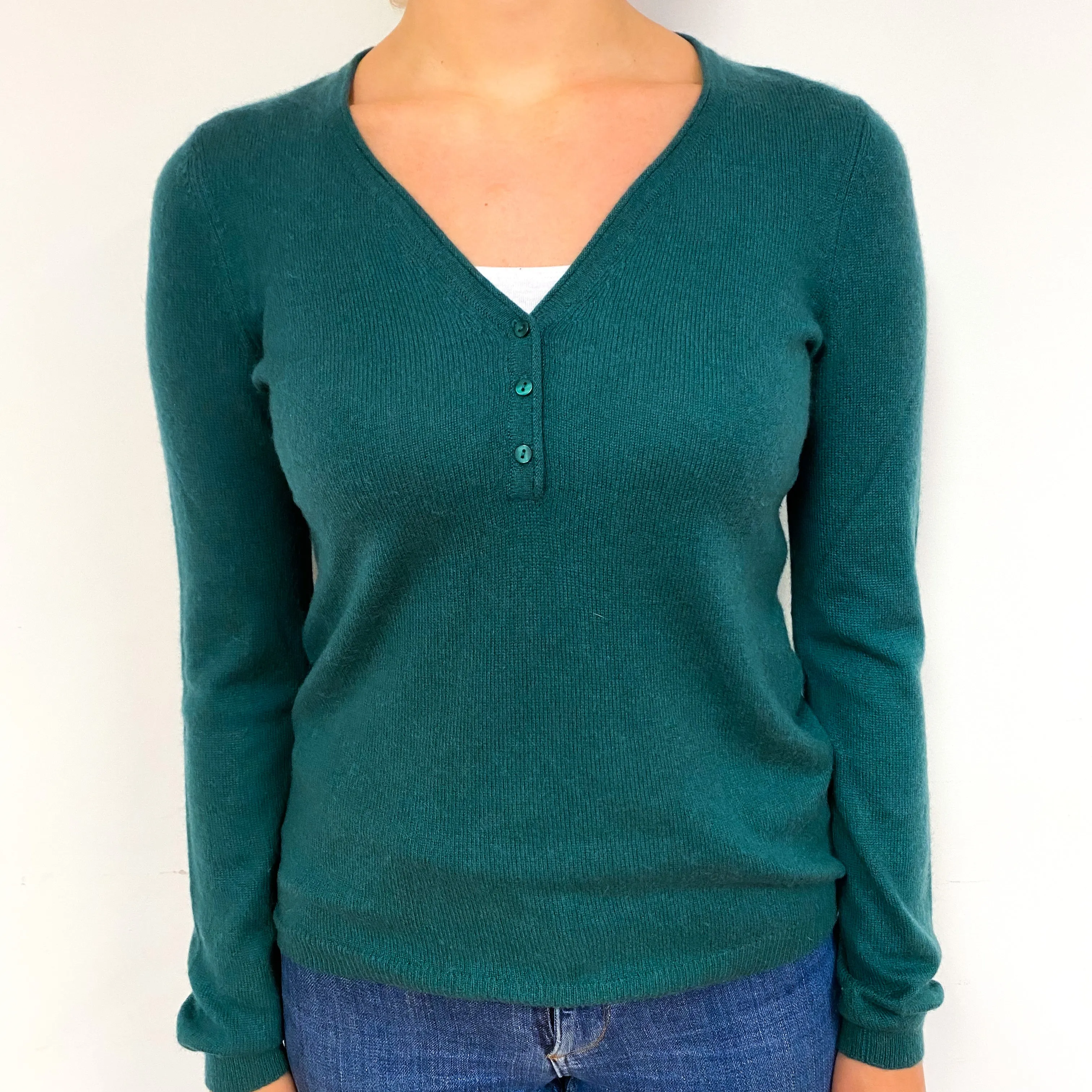 Forest Green Cashmere Buttoned V-Neck Jumper Small