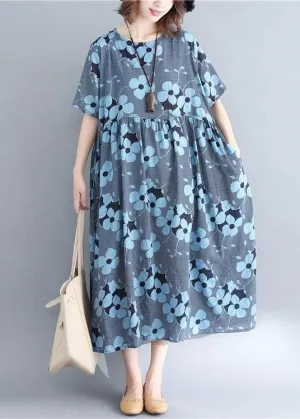 French blue print cotton linen clothes o neck Cinched Maxi Dresses