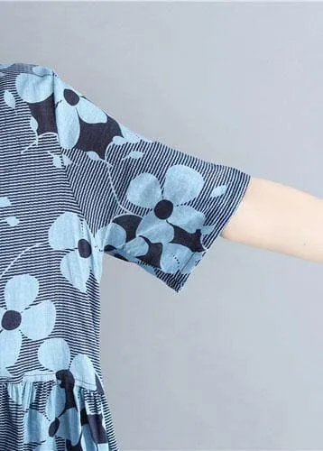 French blue print cotton linen clothes o neck Cinched Maxi Dresses