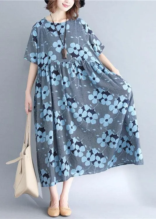 French blue print cotton linen clothes o neck Cinched Maxi Dresses