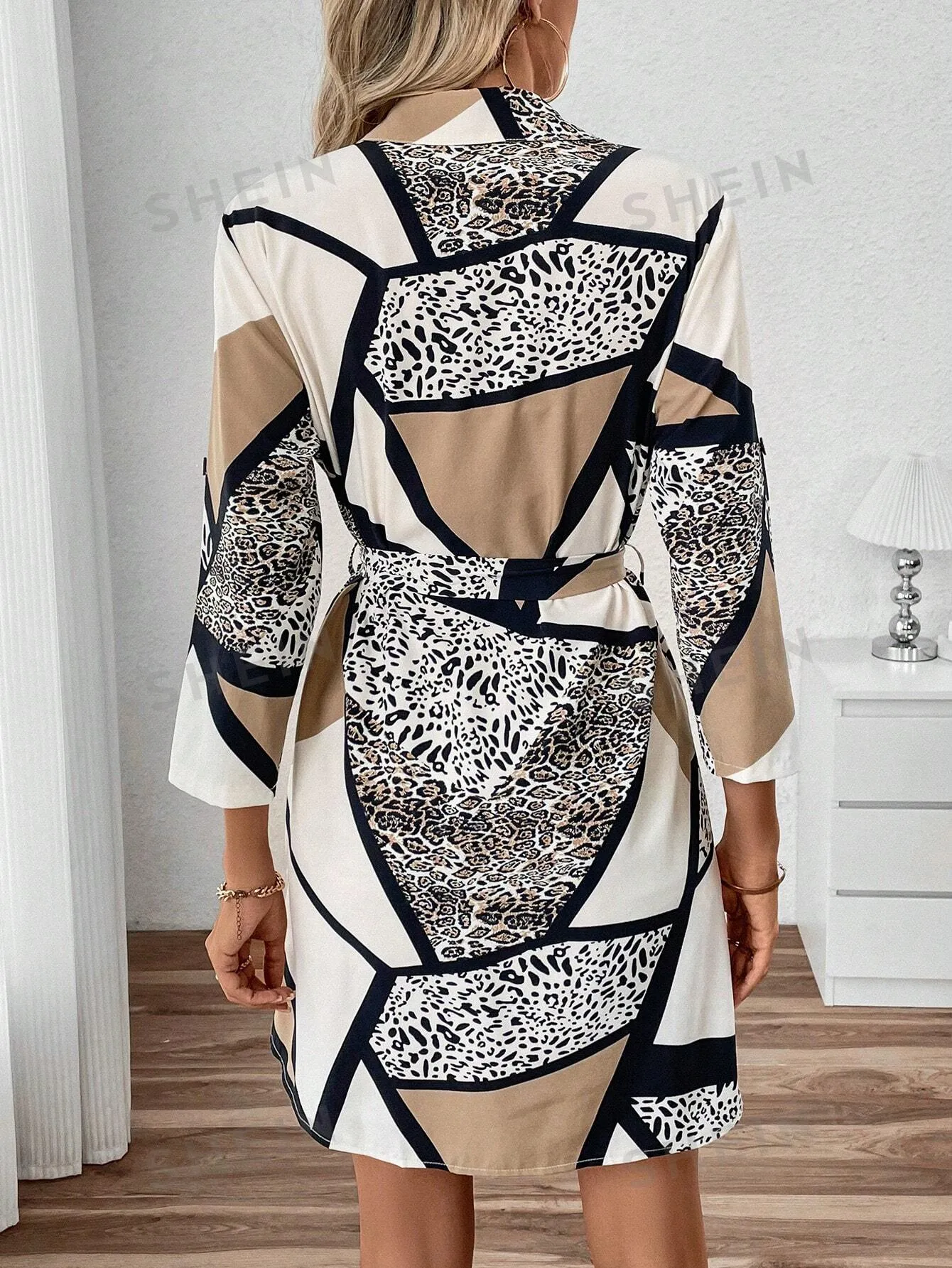 Frenchy Women's Button-Down Long Sleeve Geometric Leopard Print Tie-Waist Midi Shirt Dress