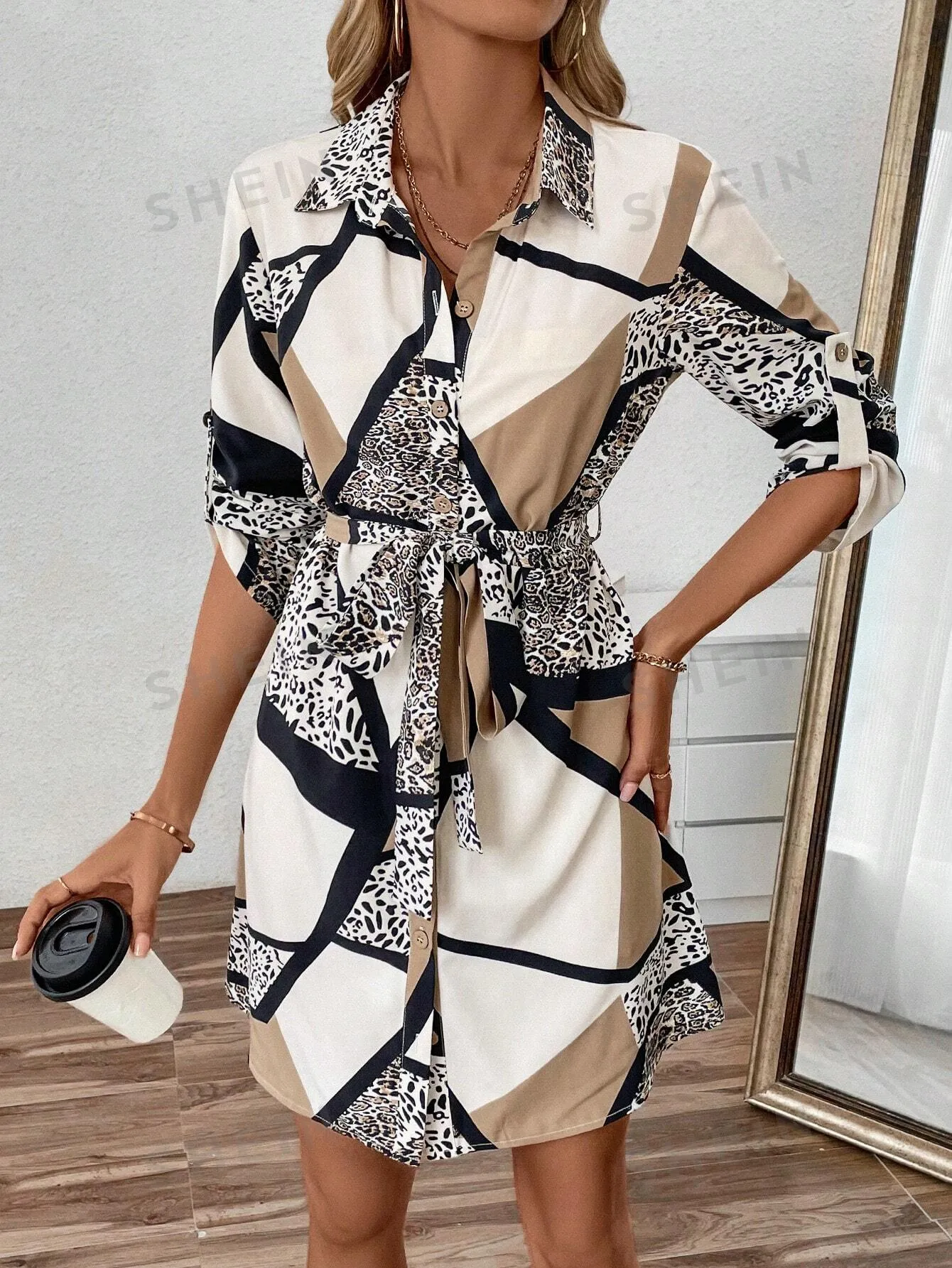 Frenchy Women's Button-Down Long Sleeve Geometric Leopard Print Tie-Waist Midi Shirt Dress