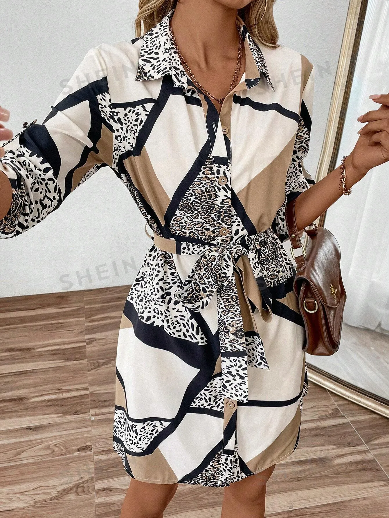 Frenchy Women's Button-Down Long Sleeve Geometric Leopard Print Tie-Waist Midi Shirt Dress