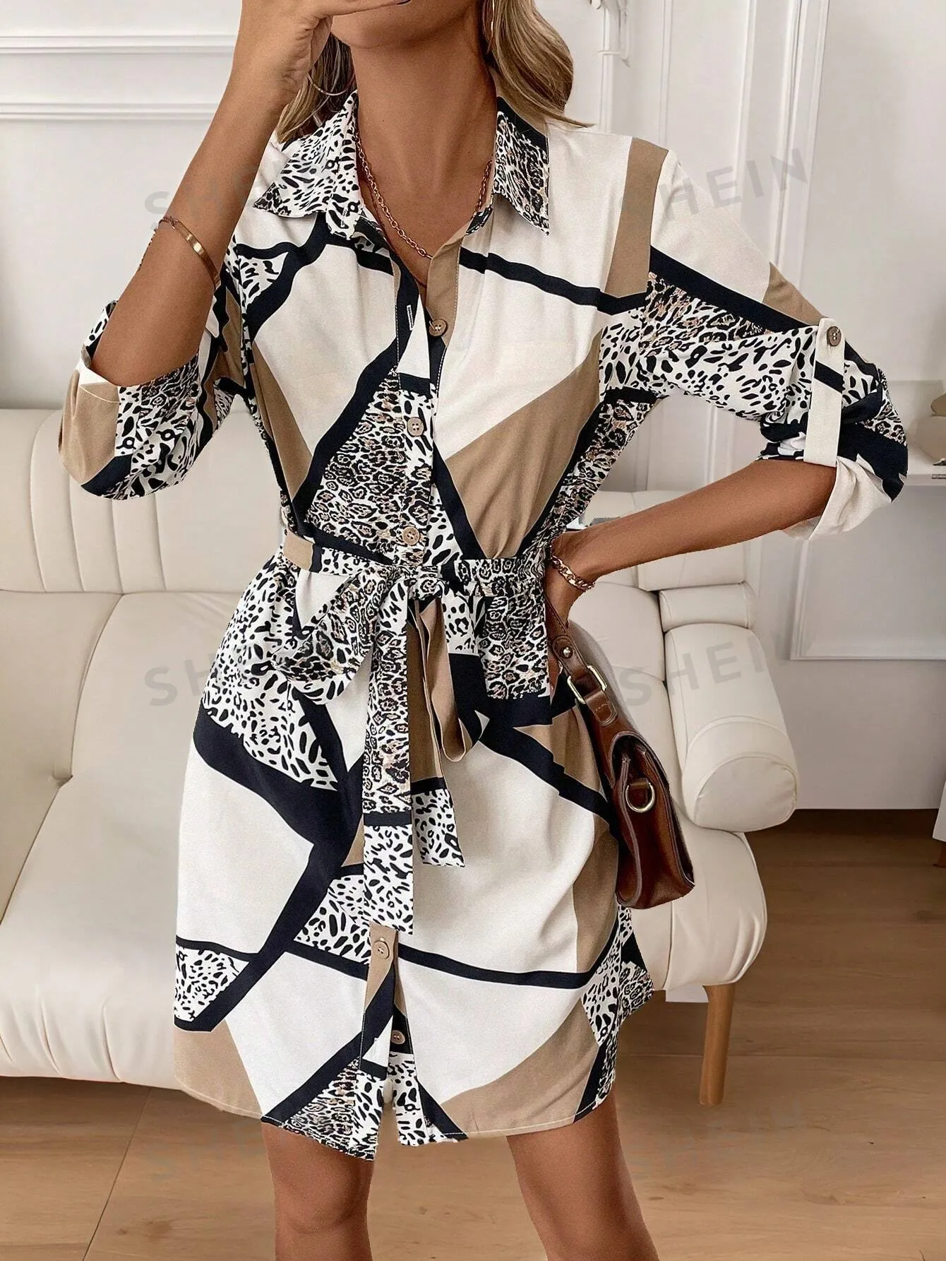 Frenchy Women's Button-Down Long Sleeve Geometric Leopard Print Tie-Waist Midi Shirt Dress