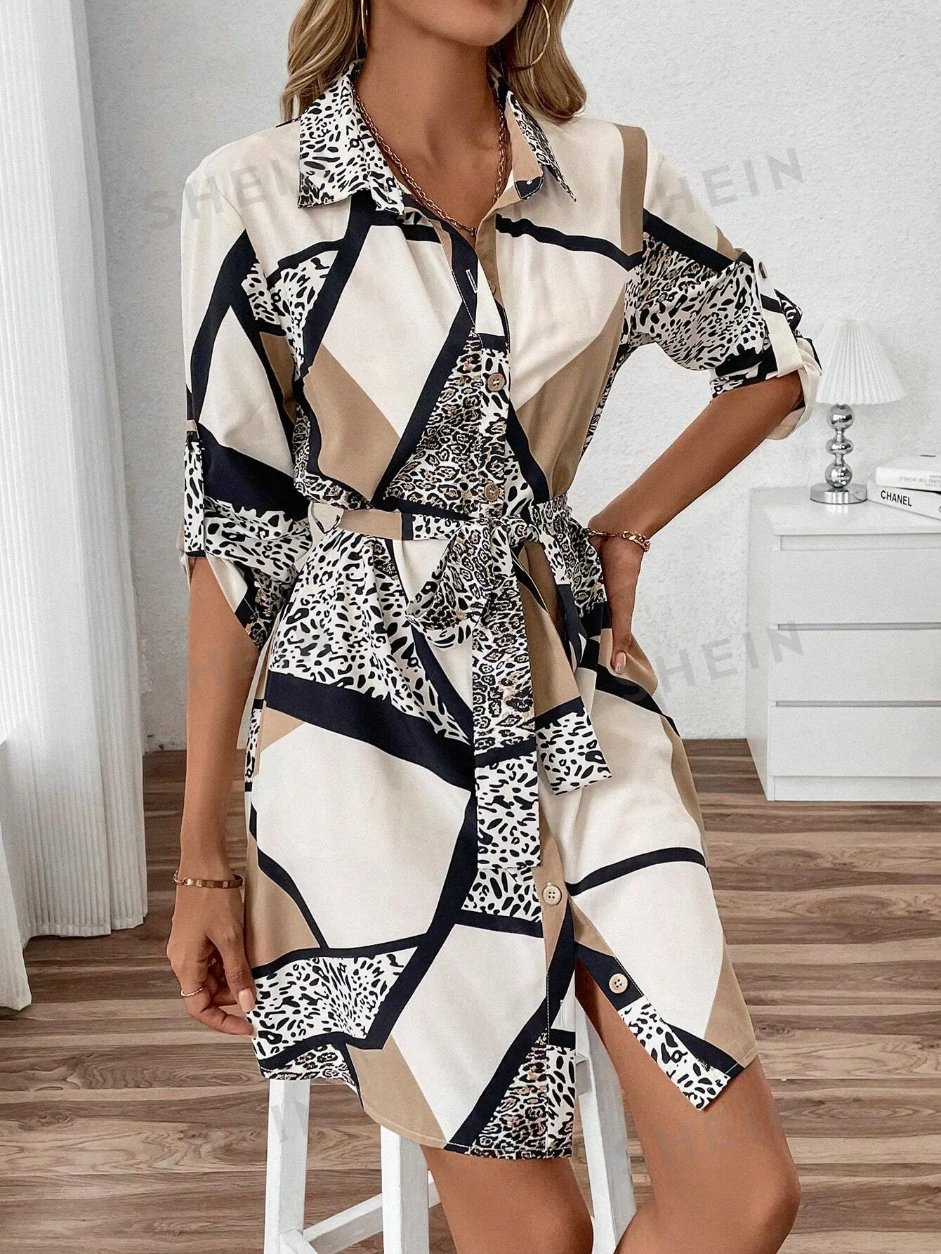 Frenchy Women's Button-Down Long Sleeve Geometric Leopard Print Tie-Waist Midi Shirt Dress