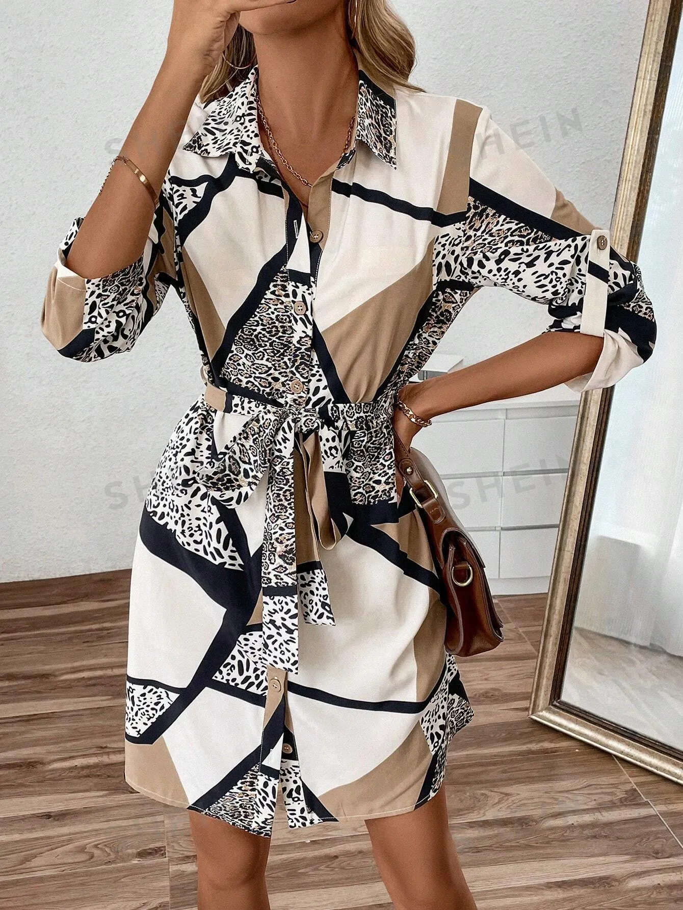 Frenchy Women's Button-Down Long Sleeve Geometric Leopard Print Tie-Waist Midi Shirt Dress
