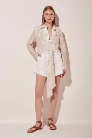 Fresh Metallic Short Shirt Dress With Ties E4765A1836