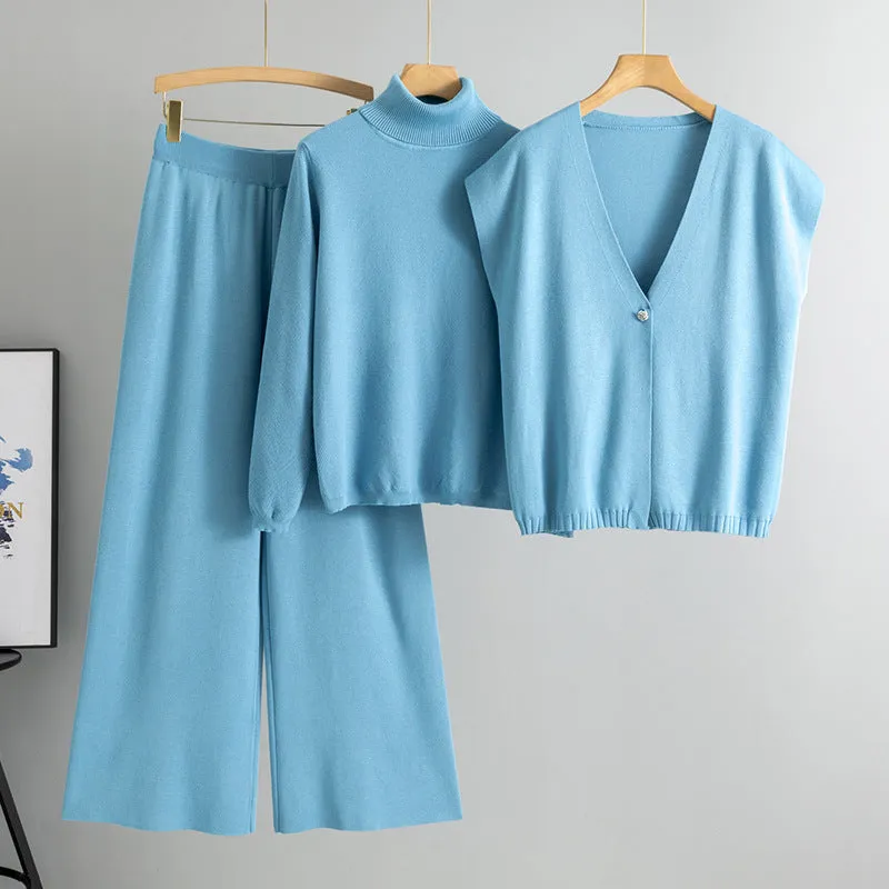 GBOLSOS 2025 style casual suit women's autumn and winter fashionable turtleneck sweater cardigan vest temperament fashionable knitted three-piece set