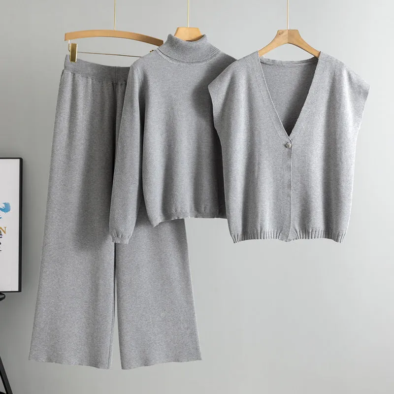 GBOLSOS 2025 style casual suit women's autumn and winter fashionable turtleneck sweater cardigan vest temperament fashionable knitted three-piece set