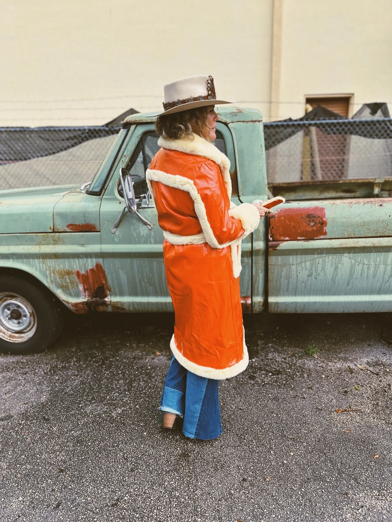 Get The Funk Out Ma Face Orange Patent Leather Fur Trim Trench Coat