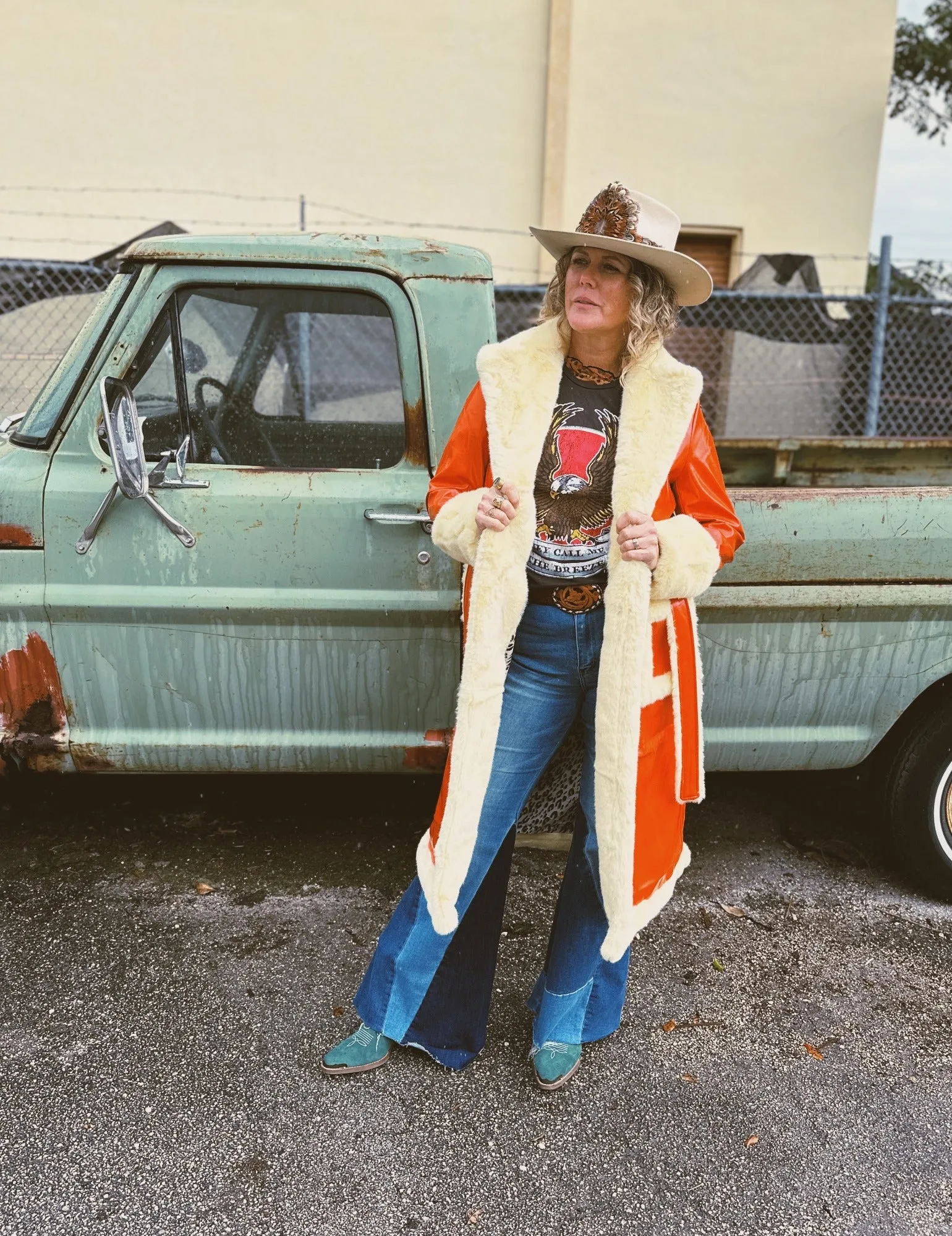 Get The Funk Out Ma Face Orange Patent Leather Fur Trim Trench Coat