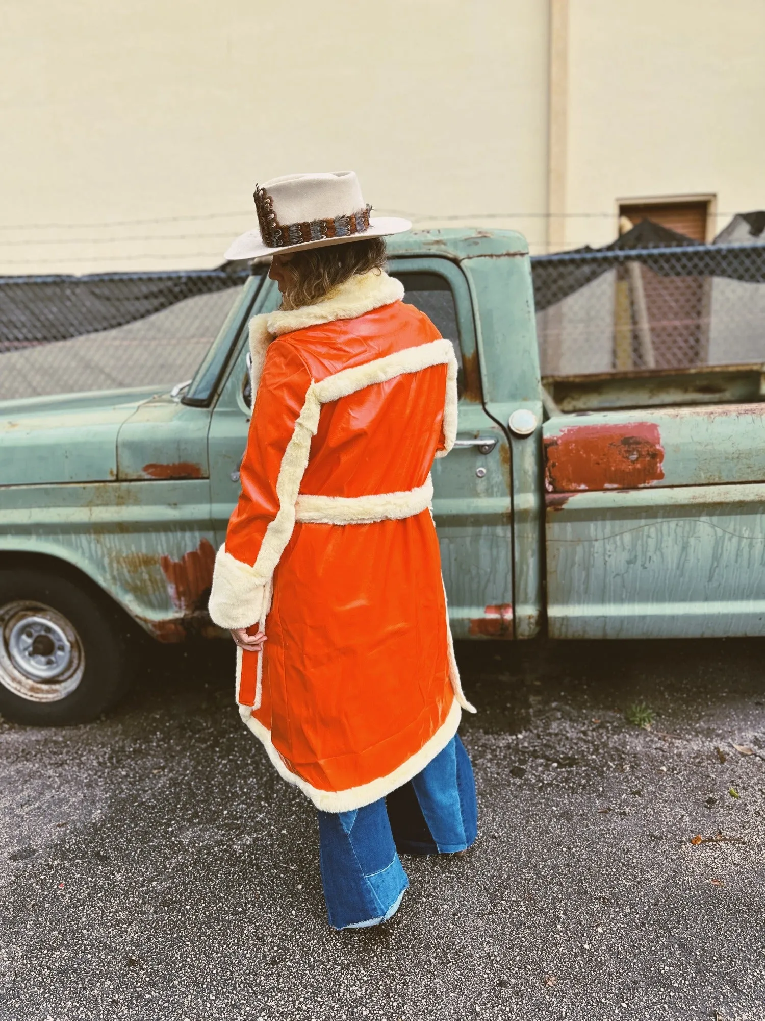 Get The Funk Out Ma Face Orange Patent Leather Fur Trim Trench Coat